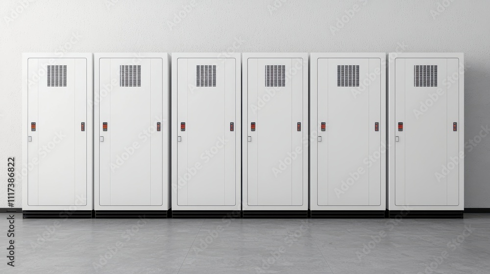 close up of battery storage system for renewable energy, showcasing multiple white cabinets lined up in modern facility. This setup emphasizes efficiency and sustainability close up of battery storage system for renewable energy, showcasing multiple white cabinets lined up in modern facility. This setup emphasizes efficiency and sustainability