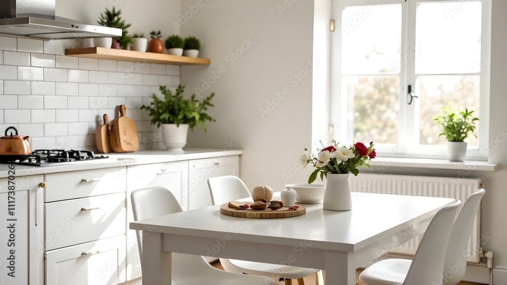 Fototapeta premium Empty table in the kitchen for presentation. Christmas decor.