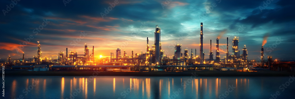 Fototapeta premium Illuminated Industrial Refinery at Sunset - A Realistic Night Image