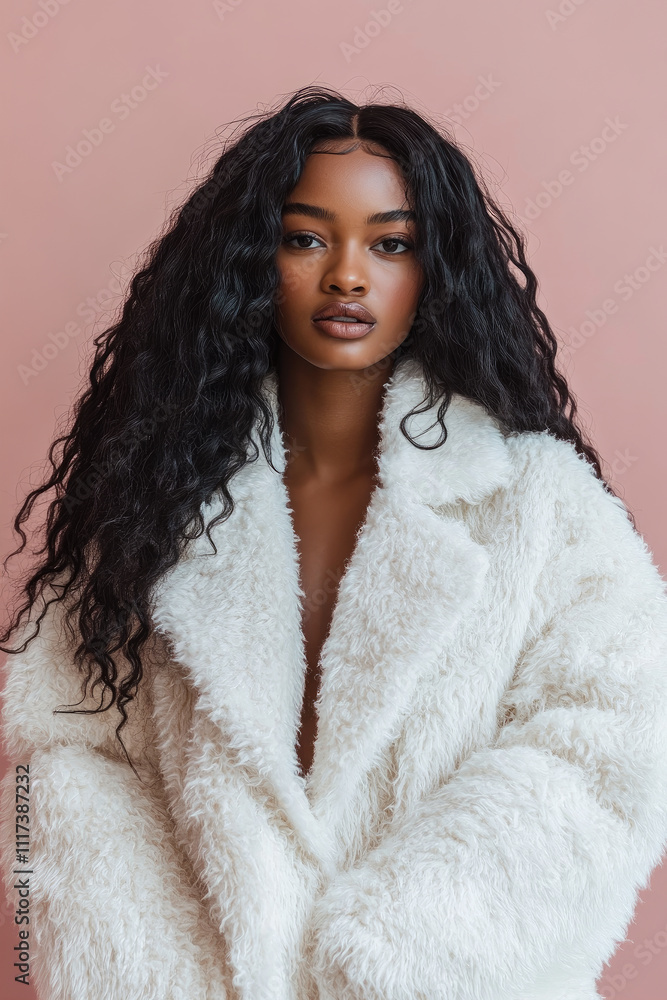 Fashionable black African woman with curly hair dressed in a white fur coat. Fashionable black African woman with curly hair dressed in a white fur coat.