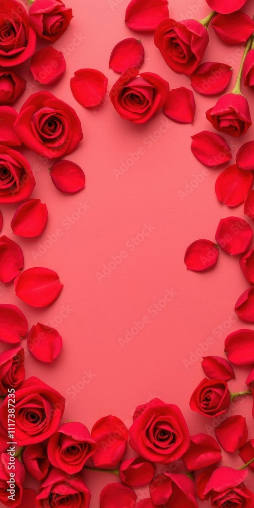 Vibrant red rose petals arranged in a background pattern, scattered, rose Vibrant red rose petals arranged in a background pattern, scattered, rose