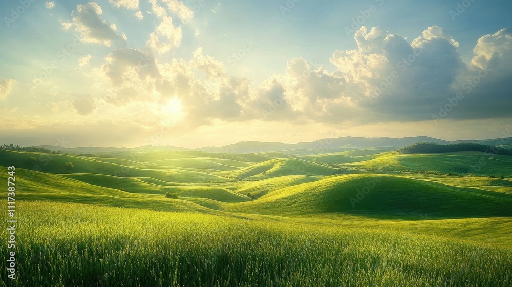 Obraz premium Sunlit rolling green hills and fields under a partly cloudy sky. Ideal for nature, travel, and agriculture projects.