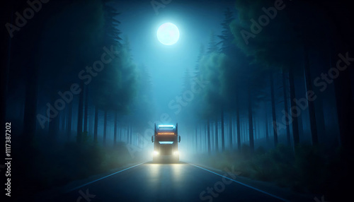 transportation industry semi truck moonlit forest road night scene concept business image photo