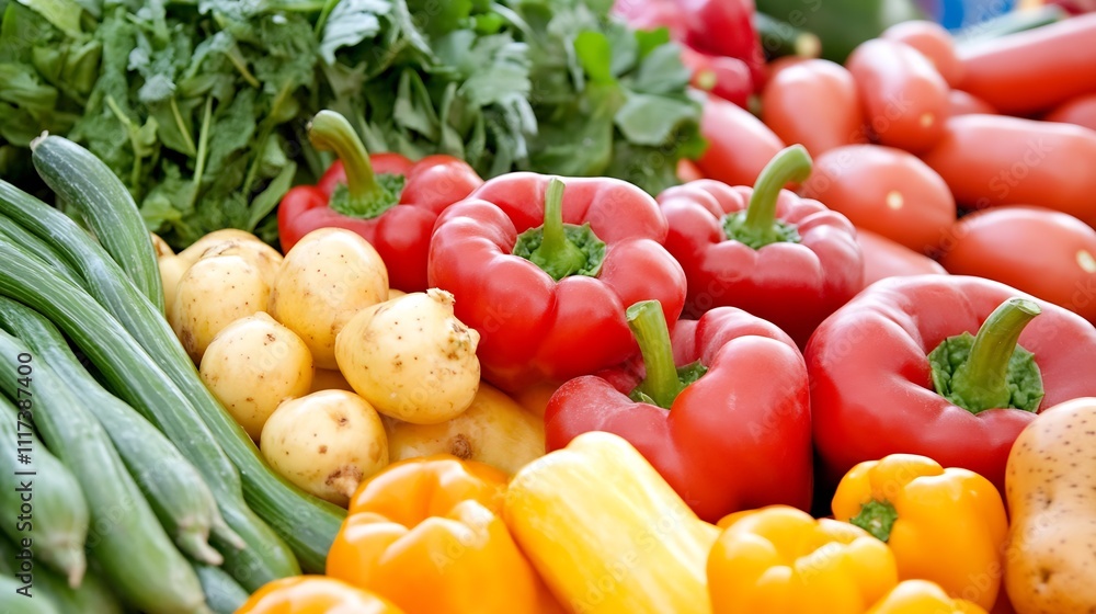 Fresh Variety of Colorful Vegetables Displayed Close Up Including Bell Peppers and Leafy Greens : Generative AI Fresh Variety of Colorful Vegetables Displayed Close Up Including Bell Peppers and Leafy Greens : Generative AI