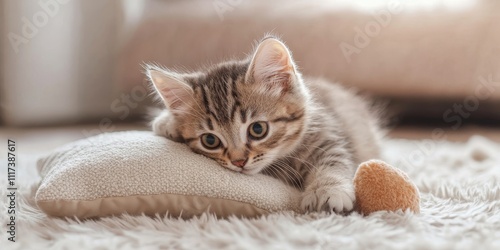 Playful kitten engaging with a toy on a soft pillow, showcasing the joyful interaction between the kitten and the toy on the pillow, highlighting the playful nature of a kitten with its toy. photo