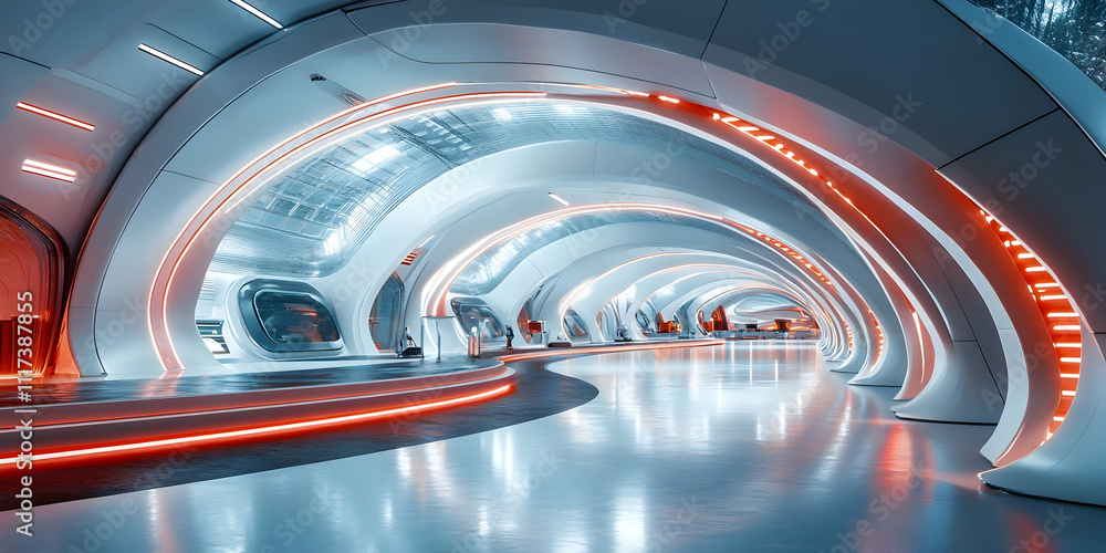 Futuristic Spaceship Corridor 3D Illustration: Orange Neon Lights, White Architecture, Sci-Fi Design Futuristic Spaceship Corridor 3D Illustration: Orange Neon Lights, White Architecture, Sci-Fi Design
