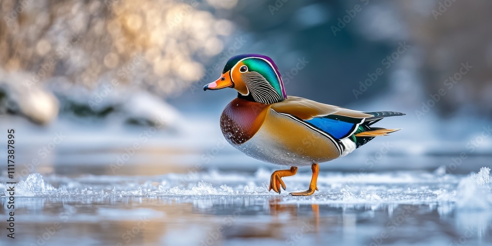 Mandarin duck Aix galericulata drake gracefully walking on icy surfaces, showcasing the beauty and unique features of the Mandarin duck in a frosty environment.