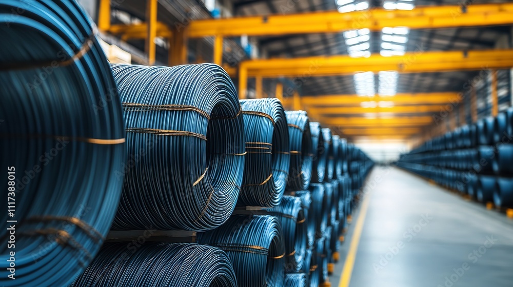 Several rows of neatly wound steel wire rods in a large. Generative Ai Several rows of neatly wound steel wire rods in a large. Generative Ai