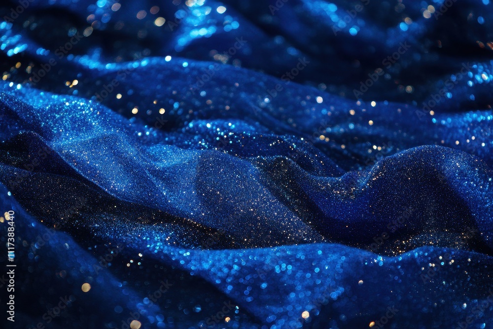 A shimmering blue fabric with sparkles, creating a dreamy and luxurious appearance. A shimmering blue fabric with sparkles, creating a dreamy and luxurious appearance.