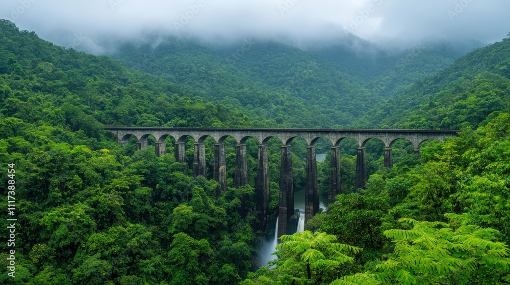 lush forest surrounds majestic stone bridge, with waterfall cascading below. misty mountains create serene atmosphere, perfect for nature lovers lush forest surrounds majestic stone bridge, with waterfall cascading below. misty mountains create serene atmosphere, perfect for nature lovers