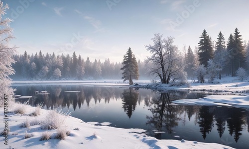 Frosty morning landscape with snow-covered trees and a frozen lake, snowy scenery, serene landscape, winter landscape