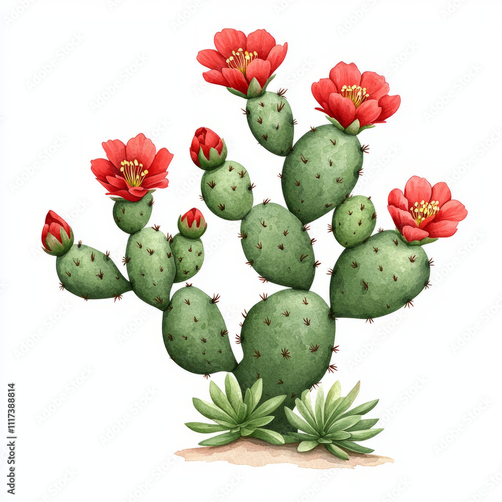 watercolor flowering prickly pear cactus with vibrant red flowers and green pads, showcasing its unique beauty in natural setting. This illustration captures essence of desert flora watercolor flowering prickly pear cactus with vibrant red flowers and green pads, showcasing its unique beauty in natural setting. This illustration captures essence of desert flora