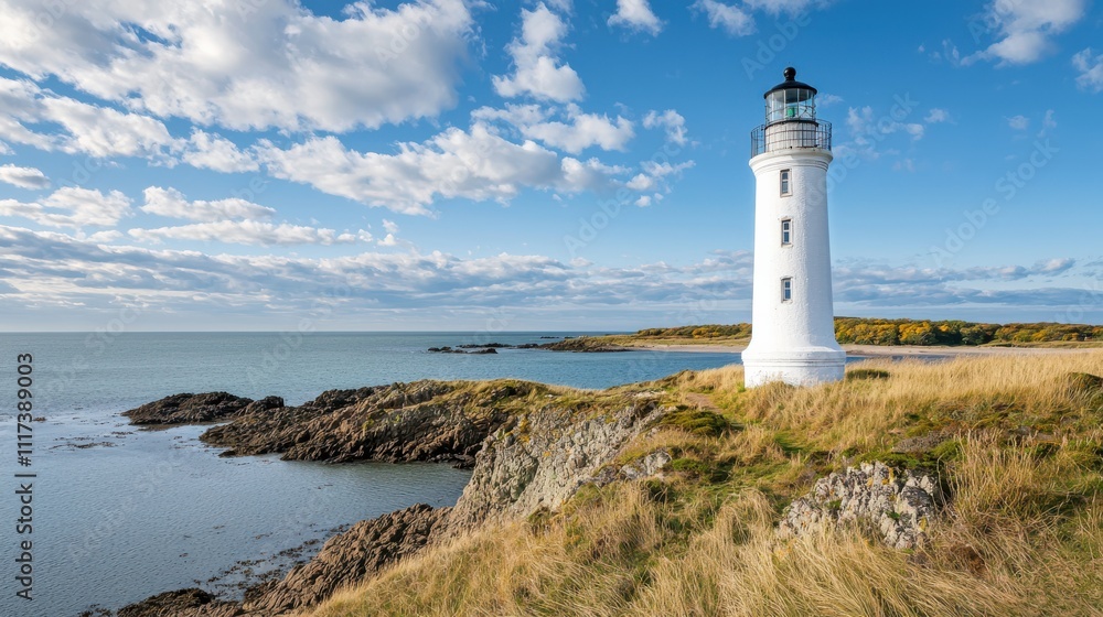 scenic view of solar powered lighthouse on rocky coastline, surrounded by grass and beautiful sky. tranquil atmosphere evokes sense of peace and nature beauty scenic view of solar powered lighthouse on rocky coastline, surrounded by grass and beautiful sky. tranquil atmosphere evokes sense of peace and nature beauty