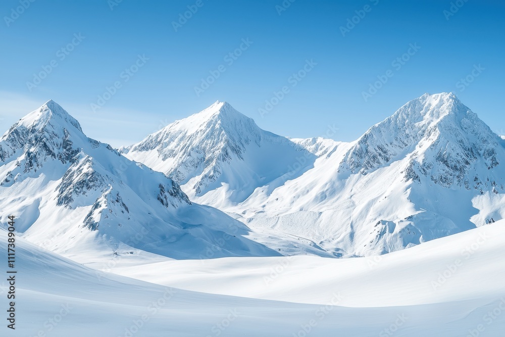 Obraz premium A serene winter landscape featuring snow-covered mountains under a clear blue sky.