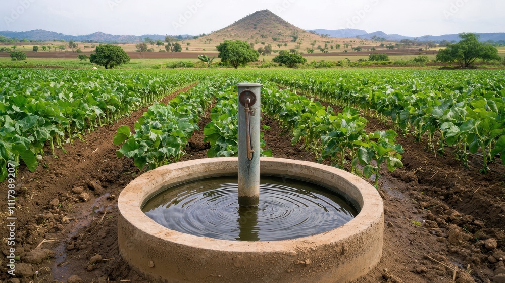 solar powered water pump in rural setting, surrounded by lush green crops and hills, showcases sustainable agriculture and irrigation practices solar powered water pump in rural setting, surrounded by lush green crops and hills, showcases sustainable agriculture and irrigation practices