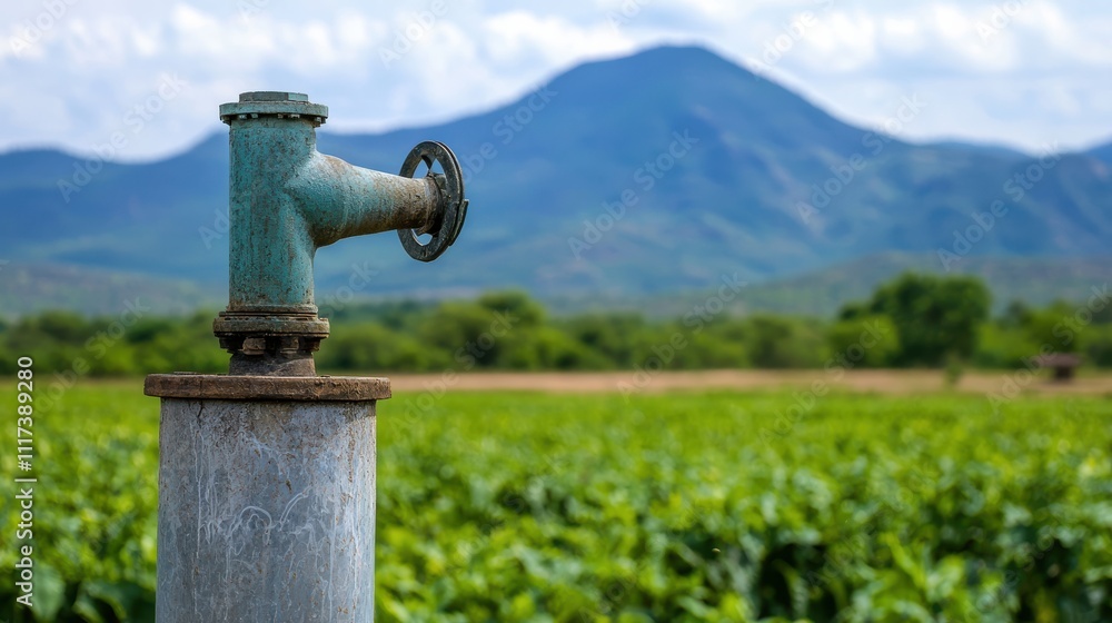 solar powered water pump in rural setting, surrounded by lush green fields and mountains in background, symbolizes sustainable agriculture and irrigation