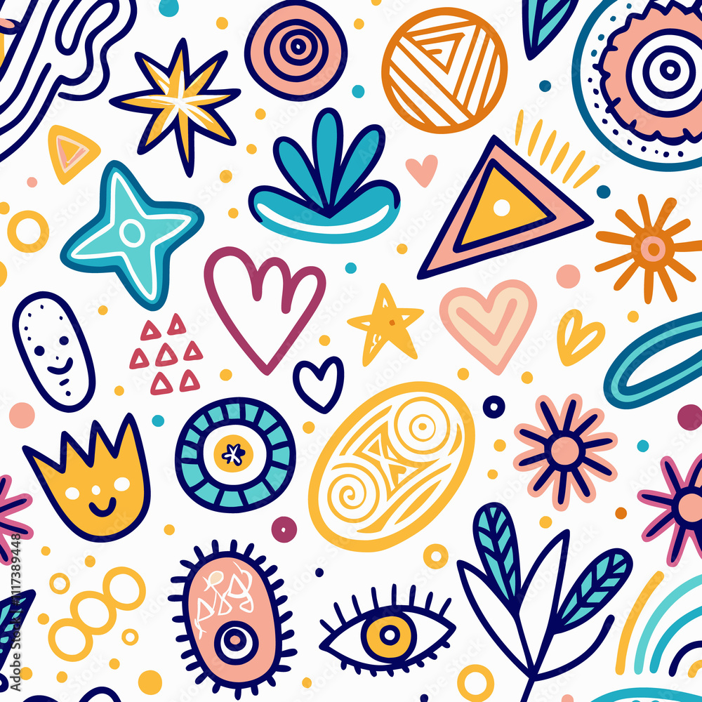 Colorful abstract seamless pattern with hand-drawn shapes, hearts, stars, and flowers on white background. Colorful abstract seamless pattern with hand-drawn shapes, hearts, stars, and flowers on white background.