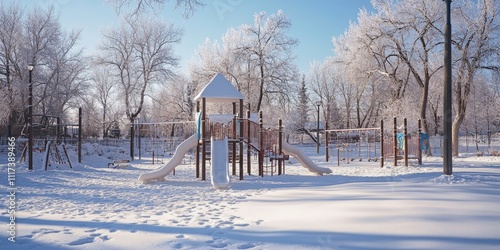 Children s playground in a public park blanketed by deep winter snow, creating a serene and magical winter wonderland for children to enjoy their playful moments outdoors. photo