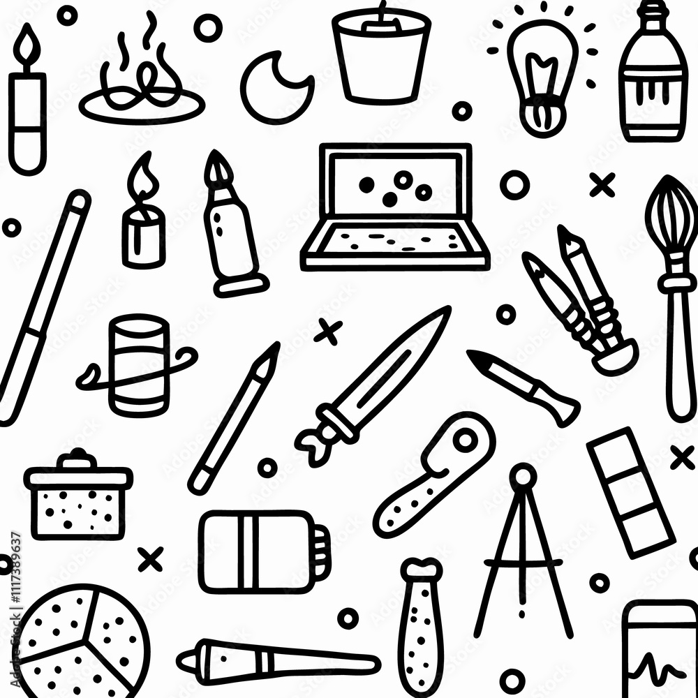 Obraz premium Seamless pattern of art supplies, tools, and creative elements.