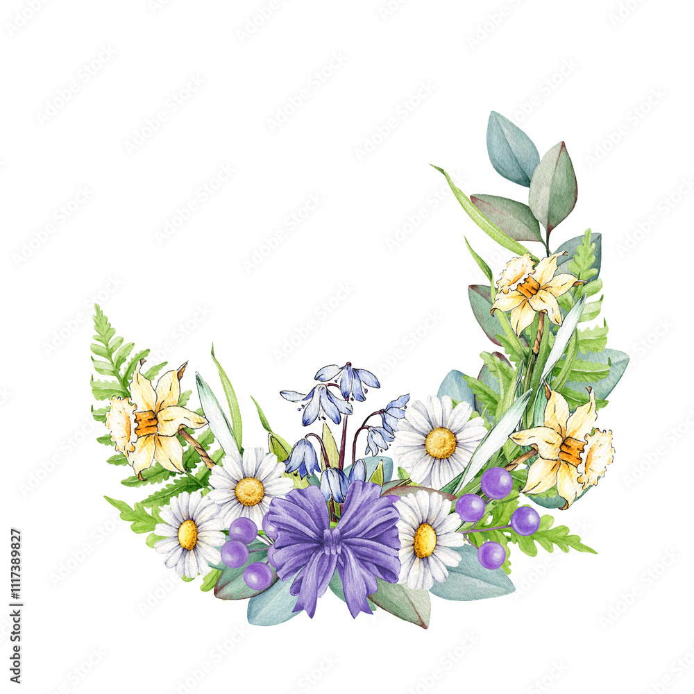 Fototapeta premium Spring season floral decoration from primrose garden flowers illustration. Hand drawn daffodil, daisy flowers elegant decor on white background. For holiday festive decor and seasonal designs