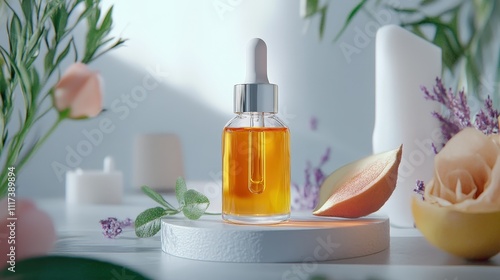 High-quality facial oil displayed in a chic, clean setting with botanical props