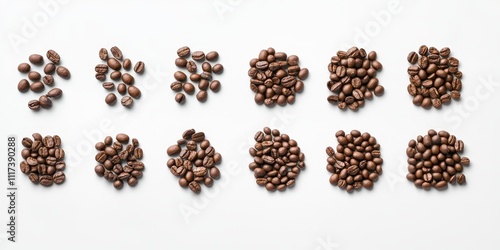 Collection of brown coffee beans displayed on a white background, showcasing the rich texture and color of brown coffee beans for coffee enthusiasts and culinary uses. photo