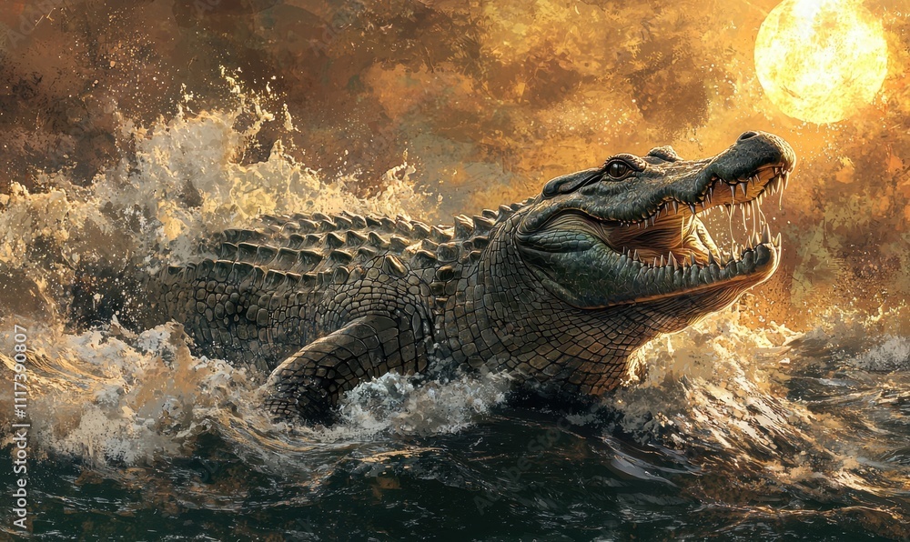 Obraz premium Crocodile hunting at sea under full moonlight nature