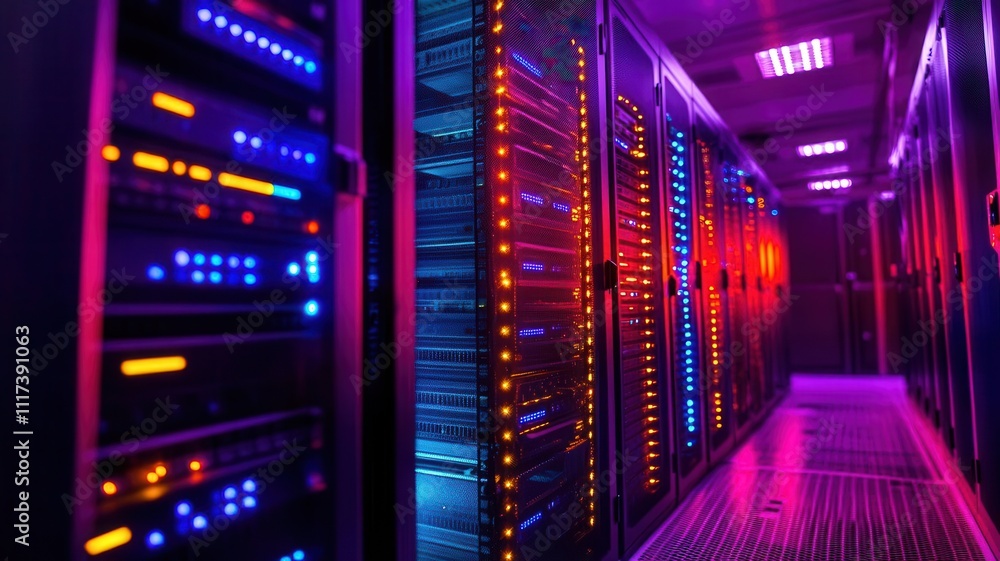 High-tech penetration testing setup in a secure data center, glowing server racks and modern tools High-tech penetration testing setup in a secure data center, glowing server racks and modern tools