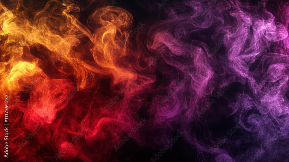 A breathtaking composition of smoke-like forms, swirling in vibrant hues of fiery red, deep purple, and golden yellow, set against a dark black background. A breathtaking composition of smoke-like forms, swirling in vibrant hues of fiery red, deep purple, and golden yellow, set against a dark black background.