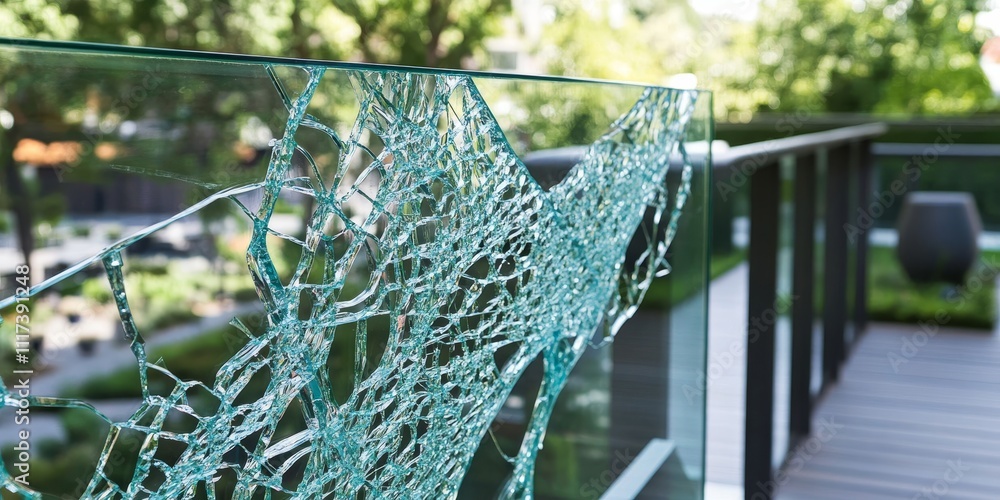Damaged tempered glass fence featuring a broken glass panel and banisters. The broken tempered glass guard rail on the terrace highlights the need for fencing repair due to visible cracks.