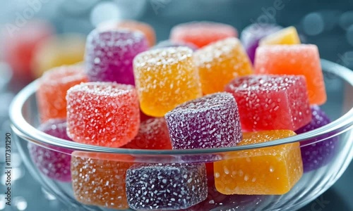 Colorful gummy candy treats in clear bowl showcase vibrant hues and sugary texture, creating tempting display perfect for sweet desserts and joyful indulgence. photo