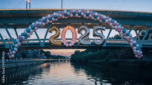 HAPPY NEW YEAR 2025, Festive Balloon Arch with Sparkling 2025 on Futuristic Bridge. photo