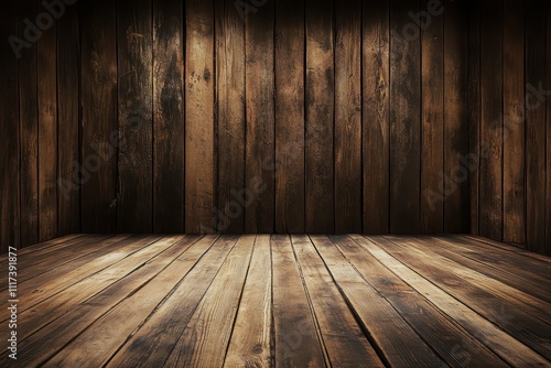 A wooden interior space with textured walls and floor, ideal for presentations or photography.