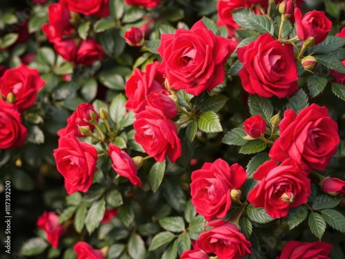 Beautiful background of vibrant red roses in full bloom with lush green leaves, flowers, green