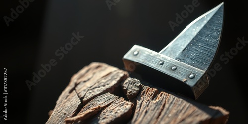 A close-up of a sharp, metal blade resting on a weathered, wooden surface, bathed in the warm glow of sunlight. photo