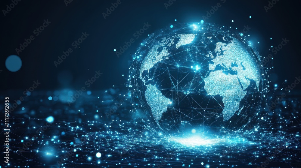 Obraz premium Glowing digital world map with connections. Illustrates global network, connectivity, data flow, or technology.