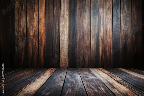 A textured wooden backdrop with dark and light planks, ideal for photography or design.