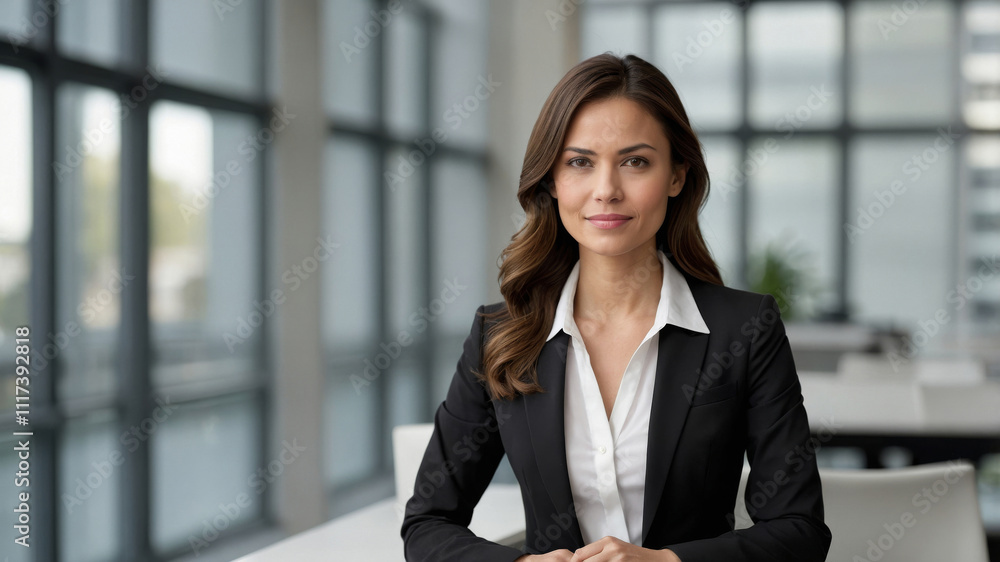 Professional Portrait of a Woman in Black Blazer and White Shirt, Seated in a Modern Office with Grid Windows and Minimalistic Decor Professional Portrait of a Woman in Black Blazer and White Shirt, Seated in a Modern Office with Grid Windows and Minimalistic Decor