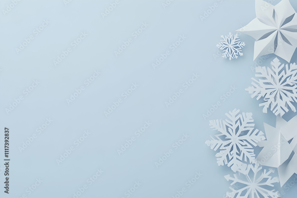 Elegant winter background with paper snowflakes arranged on a light blue surface, providing copy space. Perfect for festive designs, cards, and seasonal promotions. Elegant winter background with paper snowflakes arranged on a light blue surface, providing copy space. Perfect for festive designs, cards, and seasonal promotions.