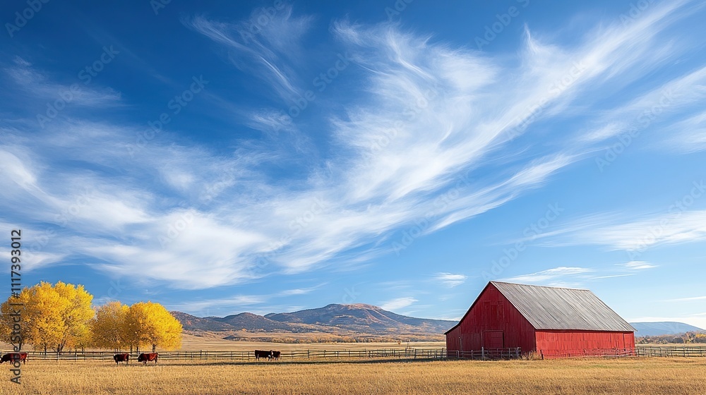 Red barn on autumn field with cattle under blue sky and wispy clouds. Red barn on autumn field with cattle under blue sky and wispy clouds.