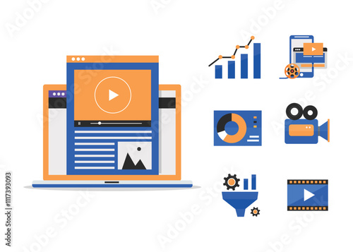 Multimedia content, video post production and footage editing. Computer animation, special effects design, Data growth, Video content, Reels, Chart, Video devices platforms, Icons vector illustration.