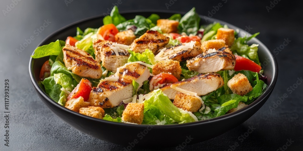 Delicious Chicken Caesar Salad featuring grilled chicken and croutons. This Chicken Caesar Salad includes fresh greens, parmesan, lettuce, and tomatoes served in a bowl against a dark backdrop. Delicious Chicken Caesar Salad featuring grilled chicken and croutons. This Chicken Caesar Salad includes fresh greens, parmesan, lettuce, and tomatoes served in a bowl against a dark backdrop.