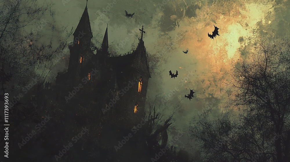 Spooky Haunted Castle with Bats Against a Mysterious Night Sky Spooky Haunted Castle with Bats Against a Mysterious Night Sky