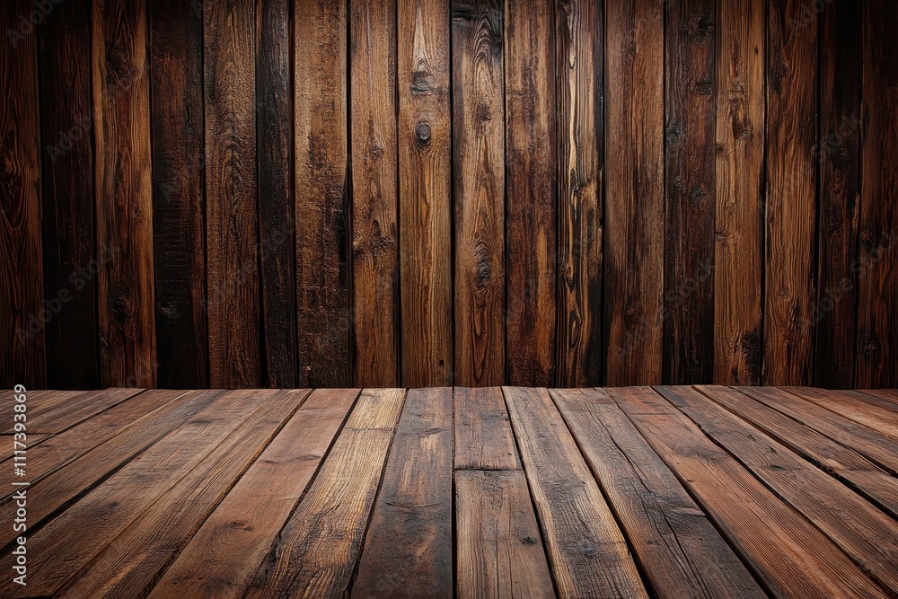 A wooden interior setting featuring a rustic wall and floor. A wooden interior setting featuring a rustic wall and floor.