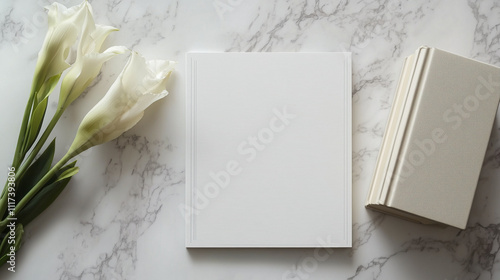 Wallpaper Mural White lilies and blank books on a marble surface Torontodigital.ca