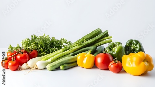 Assorted Fresh Vegetables Onions Peppers Tomatoes and Zucchinis on a White Background : Generative AI photo