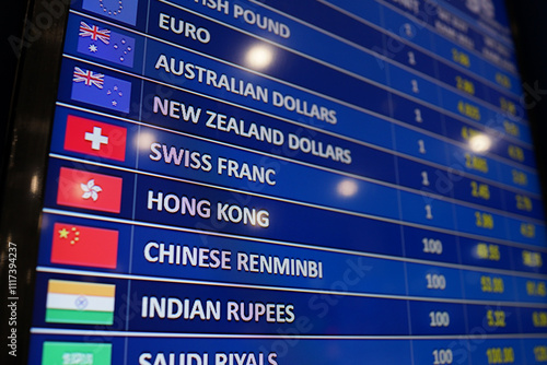 Close-up of a digital currency exchange rate board displaying various international currencies and their respective values.