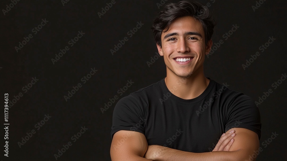 Fototapeta premium young handsome hispanic man looking like a happy, proud and satisfied achiever smiling with arms crossed. HD Realistic.