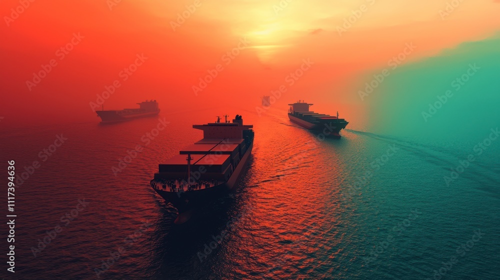 Serene View of Cargo Ships Navigating Through Misty Waters at Sunset, Offering a Captivating Blend of Colors and Tranquility in Maritime Transportation Serene View of Cargo Ships Navigating Through Misty Waters at Sunset, Offering a Captivating Blend of Colors and Tranquility in Maritime Transportation