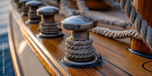 Close up view of bitts, featuring paired vertical metal posts mounted on a ship s bow. These bitts are essential for securing mooring lines, ropes, hawsers, or cables, highlighting their importance